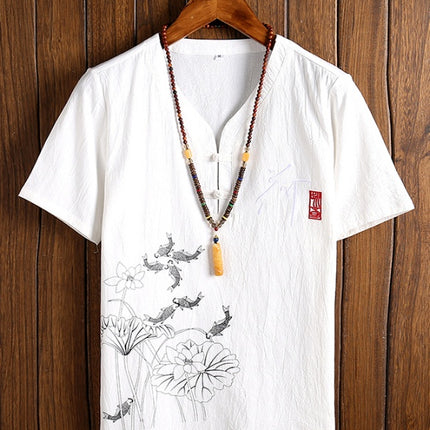 T-Shirt Uomo con Scollo a V Stile Orientale