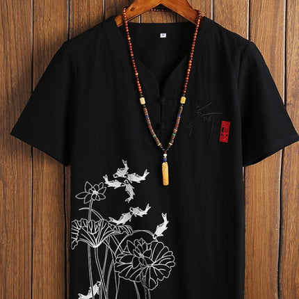 T-Shirt Uomo con Scollo a V Stile Orientale