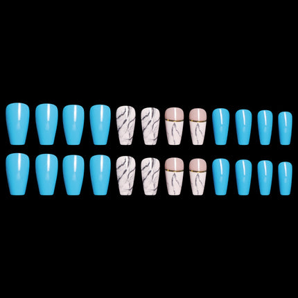 Unghie Finte Press-On Azzurre con Effetto Marmo e Dettagli Oro