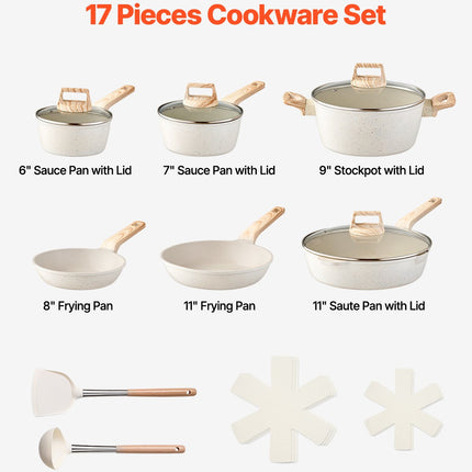 17-Piece White Granite Non-Stick Cookware Set for All Stovetops
