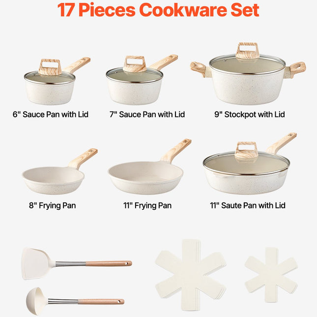17-Piece White Granite Non-Stick Cookware Set for All Stovetops