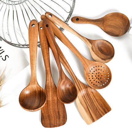 7-Piece Natural Teak Wood Kitchen Utensil Set for Cooking and Serving