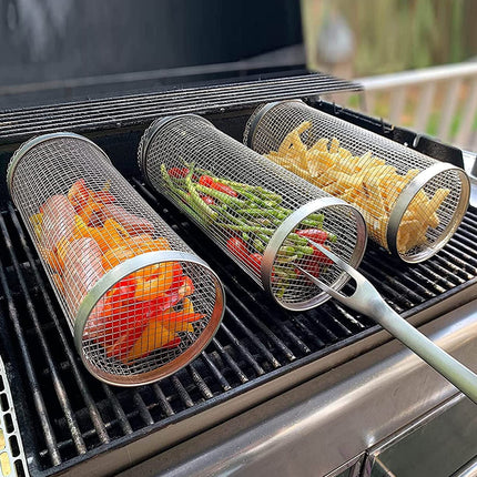 2 - Stainless Steel Rolling Grill Basket – Portable BBQ Mesh Basket for Vegetables, Meat, Fish and Outdoor Cooking