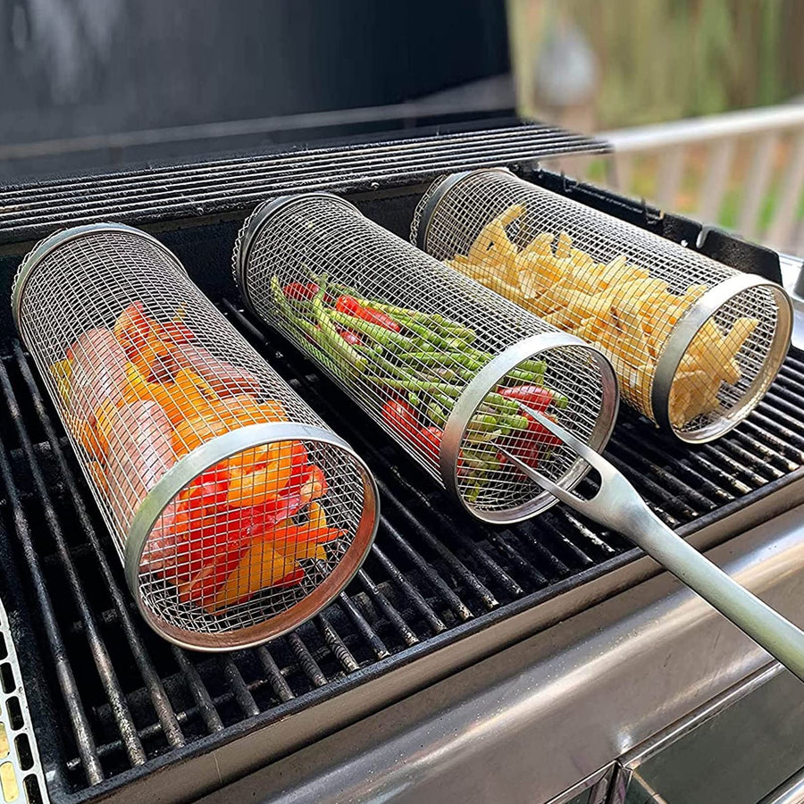 2 - Stainless Steel Rolling Grill Basket – Portable BBQ Mesh Basket for Vegetables, Meat, Fish and Outdoor Cooking