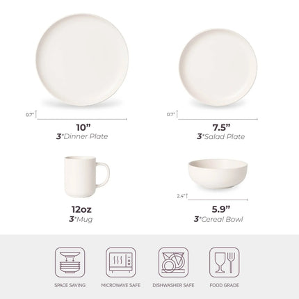 12-Piece White Stoneware Dinnerware Set with Plates, Bowls and Mugs
