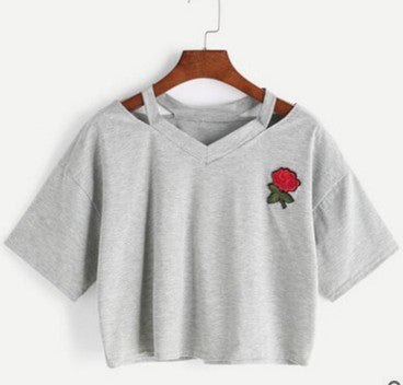 T-Shirt Crop da Donna con Rosa Ricamata