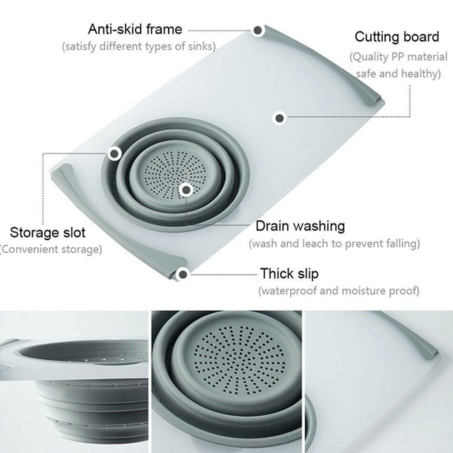 3-in-1 Foldable Cutting Board with Drain Basket and Sink Strainer