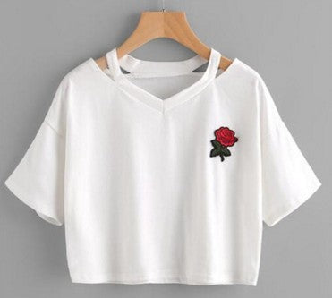 T-Shirt Crop da Donna con Rosa Ricamata