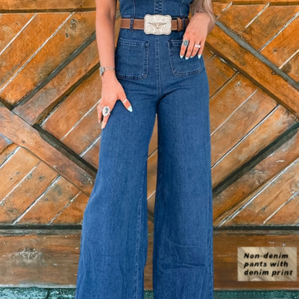 Tuta donna a fascia con stampa denim e pantaloni a gamba larga