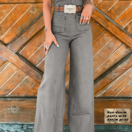 Tuta donna a fascia con stampa denim e pantaloni a gamba larga