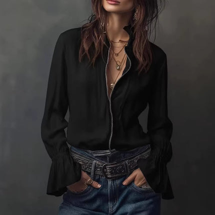 Camicia donna manica lunga con chiusura zip e collo rotondo