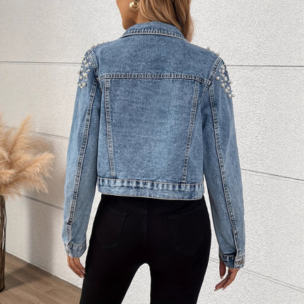 Giacca donna in denim corta casual con perle decorative