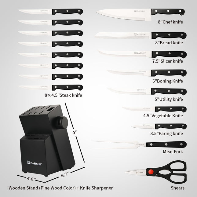 19-Piece Kitchen Knife Set with Block – German Stainless Steel Knives, Built-In Sharpener, Dishwasher Safe