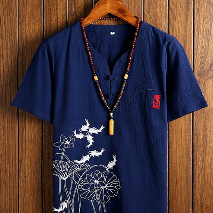 T-Shirt Uomo con Scollo a V Stile Orientale