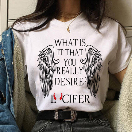 T-Shirt Donna con Stampa Testuale “Lucifer”