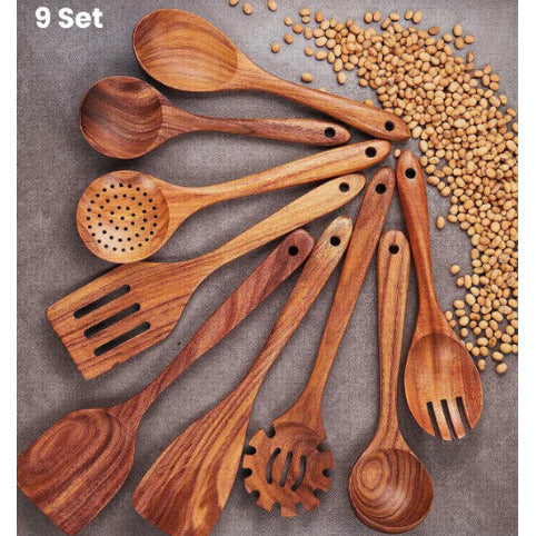Premium Natural Teak Wood Kitchen Utensil Set – Handmade Wooden Spoon, Ladle, Turner and Skimmer Tools