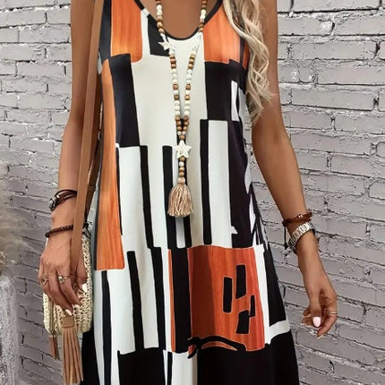 Vestito Donna Smanicato con Fantasia Geometrica