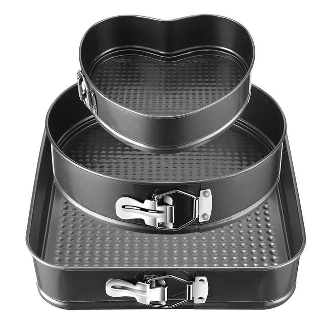 Non-Stick Springform Cake Pan Set – 3-Piece Leakproof Baking Pans with Removable Bottom, Round Heart & Square Shapes