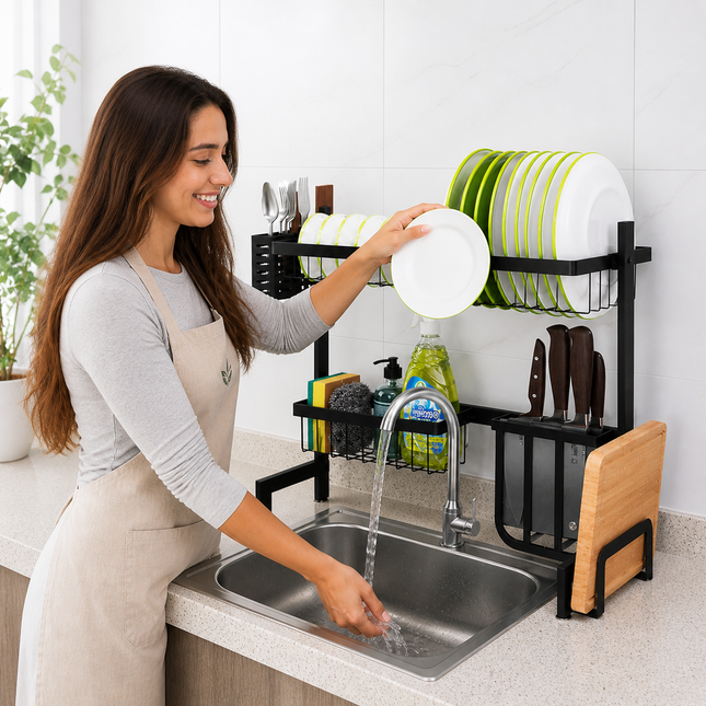 Expandable Over-the-Sink Dish Drying Rack with Utensil & Storage Organizer