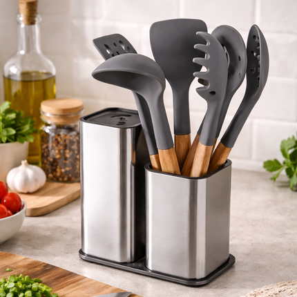 Stainless Steel Knife Holder & Kitchen Utensil Organizer, Large Capacity Countertop Storage Rack with Drain Tray