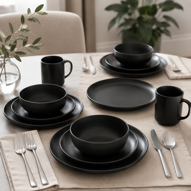 12-Piece Black Stoneware Dinnerware Set with Plates, Bowls and Mugs