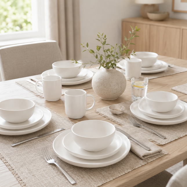 12-Piece White Stoneware Dinnerware Set with Plates, Bowls and Mugs