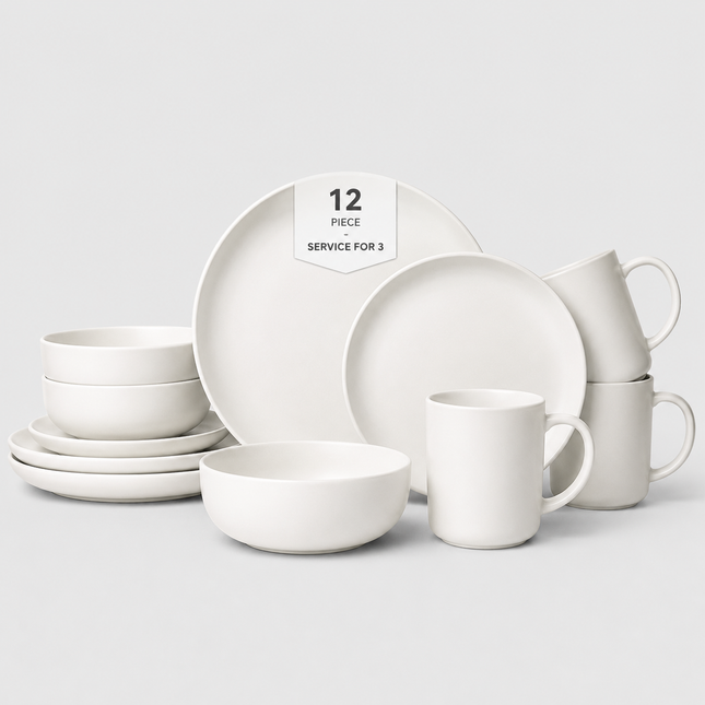 12-Piece White Stoneware Dinnerware Set with Plates, Bowls and Mugs