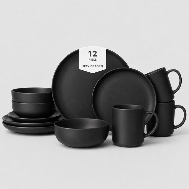12-Piece Black Stoneware Dinnerware Set with Plates, Bowls and Mugs