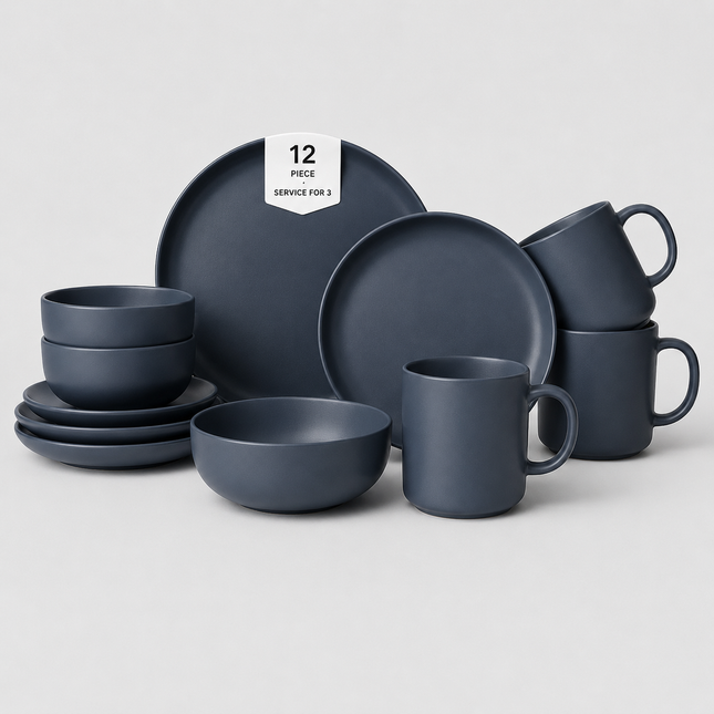 12-Piece Blue Stoneware Dinnerware Set with Plates, Bowls and Mugs