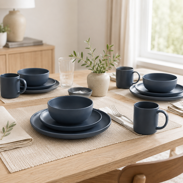12-Piece Blue Stoneware Dinnerware Set with Plates, Bowls and Mugs