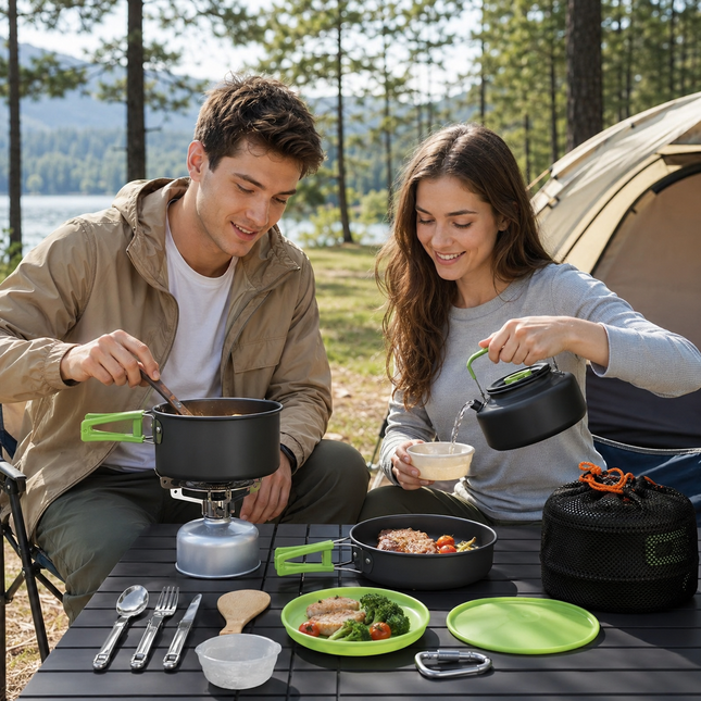16-Piece Camping Cookware Set – Portable Outdoor Cooking Kit with Pot, Pan, Kettle & Foldable Utensils