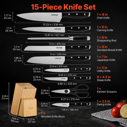 15-Piece Premium Kitchen Knife Set with Wooden Block, Built-In Sharpener & High-Carbon Stainless Steel Blades