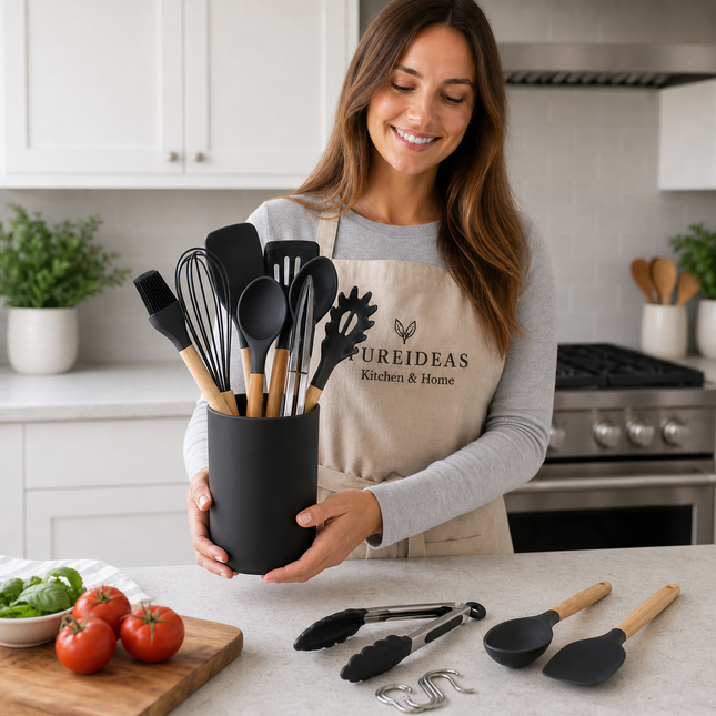 Premium 11-Piece Silicone Kitchen Utensil Set with Wooden Handles – Heat-Resistant Non-Stick Cooking Tools