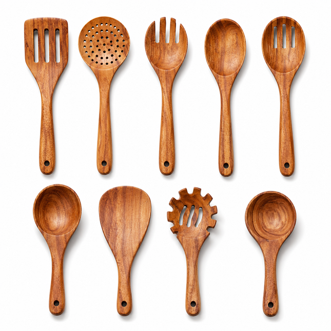 Premium Natural Teak Wood Kitchen Utensil Set – Handmade Wooden Spoon, Ladle, Turner and Skimmer Tools