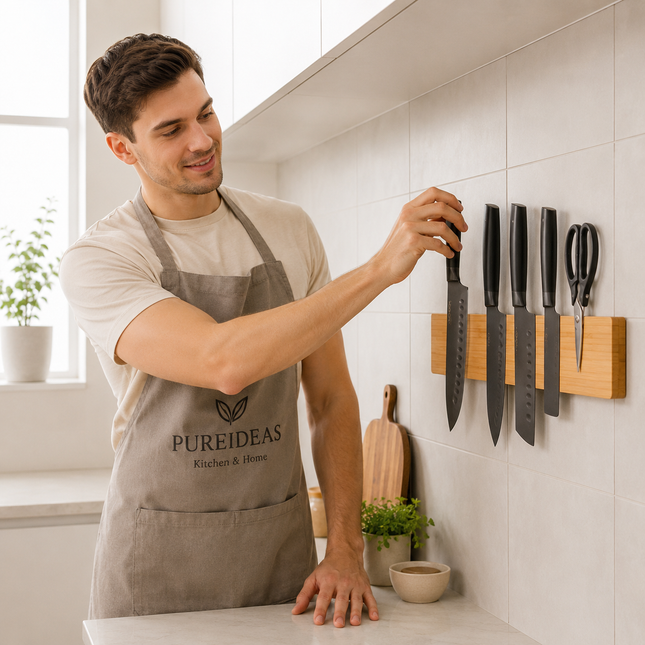 Natural Bamboo Magnetic Knife Holder Rack – Wall Mounted Kitchen Storage Organizer for Knives and Tools