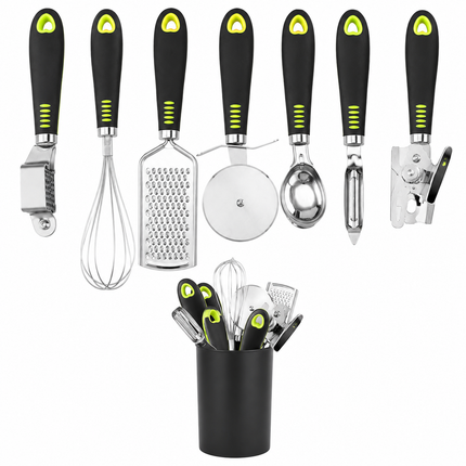 7-Piece Stainless Steel Kitchen Tool Set with Holder – Cheese Grater, Garlic Press, Pizza Cutter and More