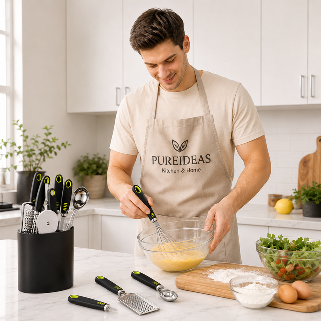 7-Piece Stainless Steel Kitchen Tool Set with Holder – Cheese Grater, Garlic Press, Pizza Cutter and More