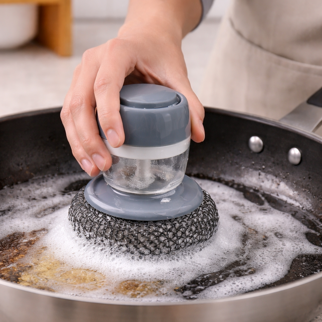 Soap Dispensing Palm Cleaning Brush – Multifunctional Kitchen Scrubber for Dishes, Sink and Stove