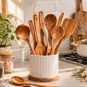 7-Piece Natural Teak Wood Kitchen Utensil Set for Cooking and Serving