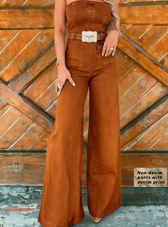 Tuta donna a fascia con stampa denim e pantaloni a gamba larga