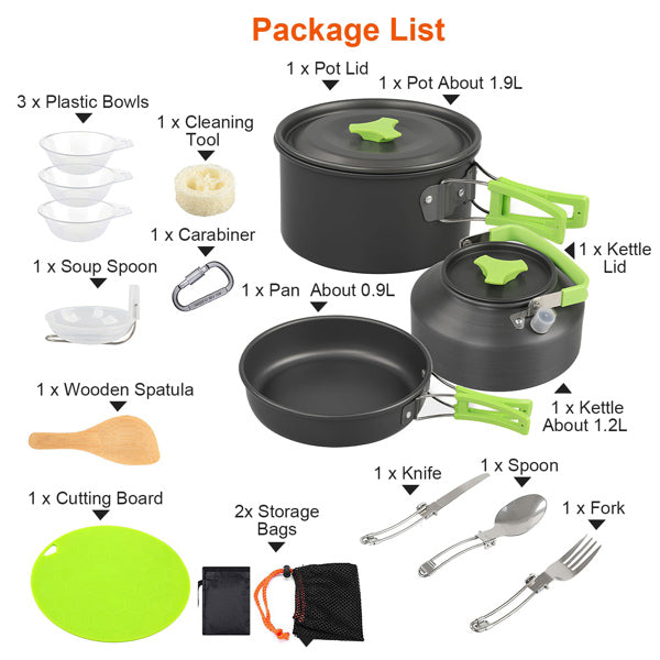 16-Piece Camping Cookware Set – Portable Outdoor Cooking Kit with Pot, Pan, Kettle & Foldable Utensils