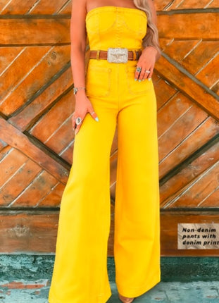 Tuta donna a fascia con stampa denim e pantaloni a gamba larga