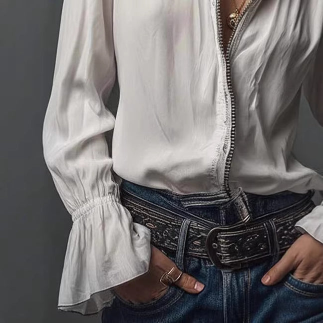 Camicia donna manica lunga con chiusura zip e collo rotondo