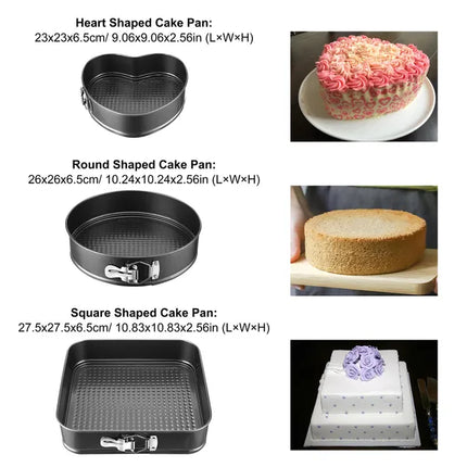 Non-Stick Springform Cake Pan Set – 3-Piece Leakproof Baking Pans with Removable Bottom, Round Heart & Square Shapes