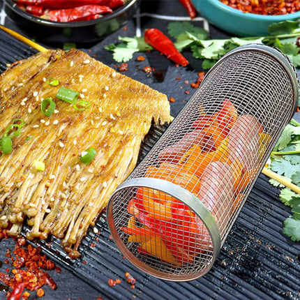 2 - Stainless Steel Rolling Grill Basket – Portable BBQ Mesh Basket for Vegetables, Meat, Fish and Outdoor Cooking